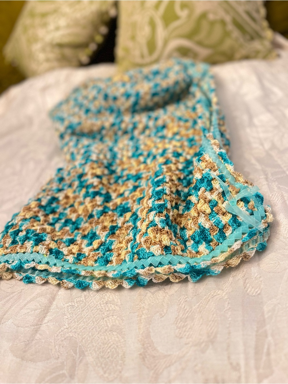 Turquoise and Tan Crochet Throw Blanket - Handcrafted Accent